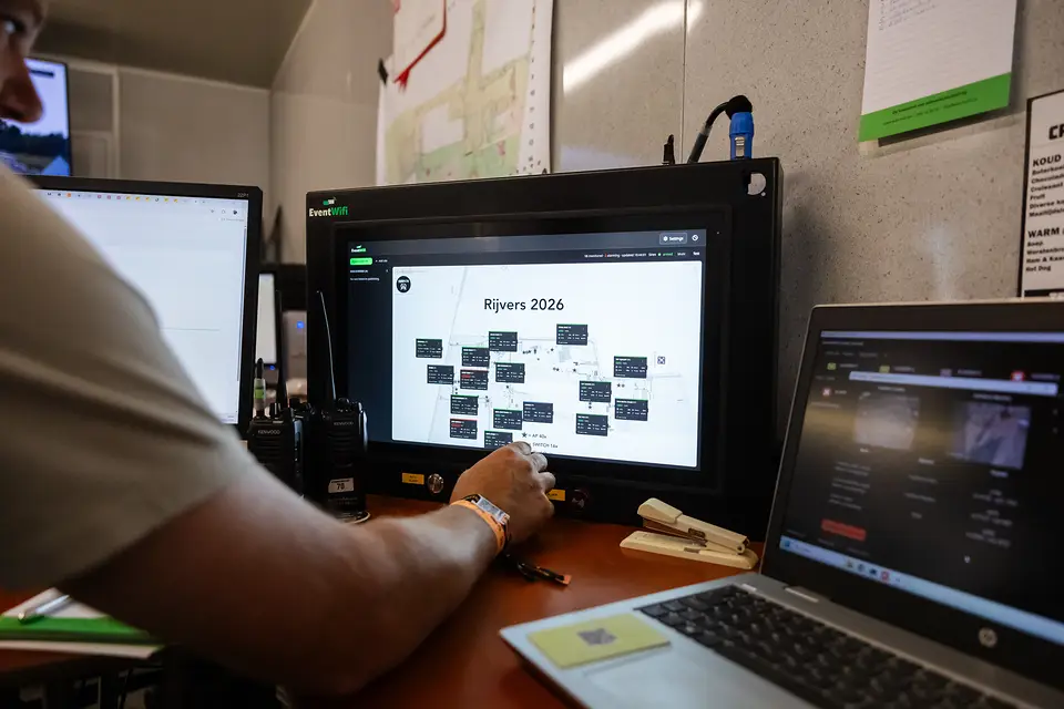 Scherm in de controlekamer met de plattegrond van Rijvers Festival en het beeld van elke camera op zijn plaats